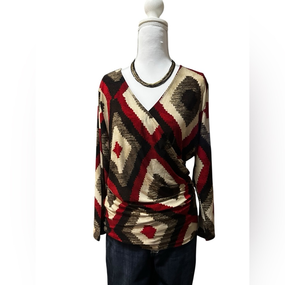 Lauren Ralph Lauren Aztec V-Neck Faux Wrap Blouse size XL